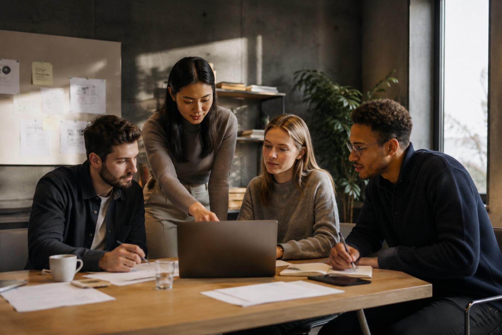 A team working together around a laptop