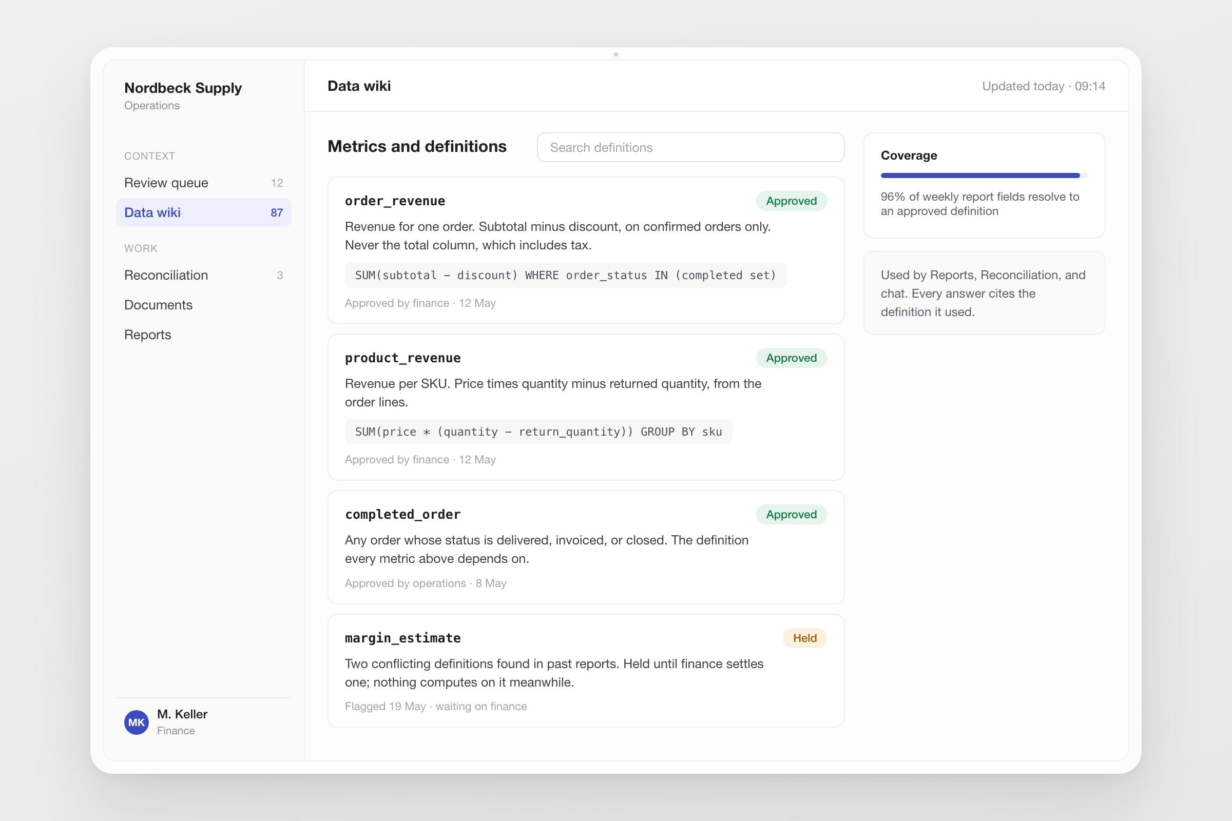 The data wiki: metric definitions with approval status