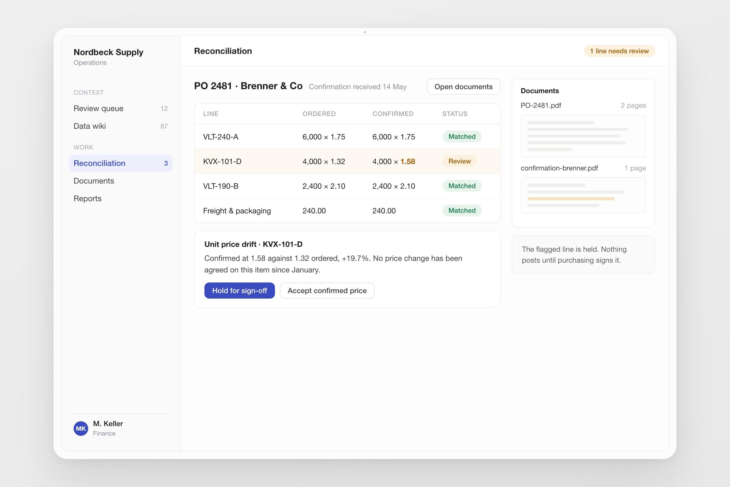 Invoice reconciliation: a purchase order matched against a confirmation, one line flagged