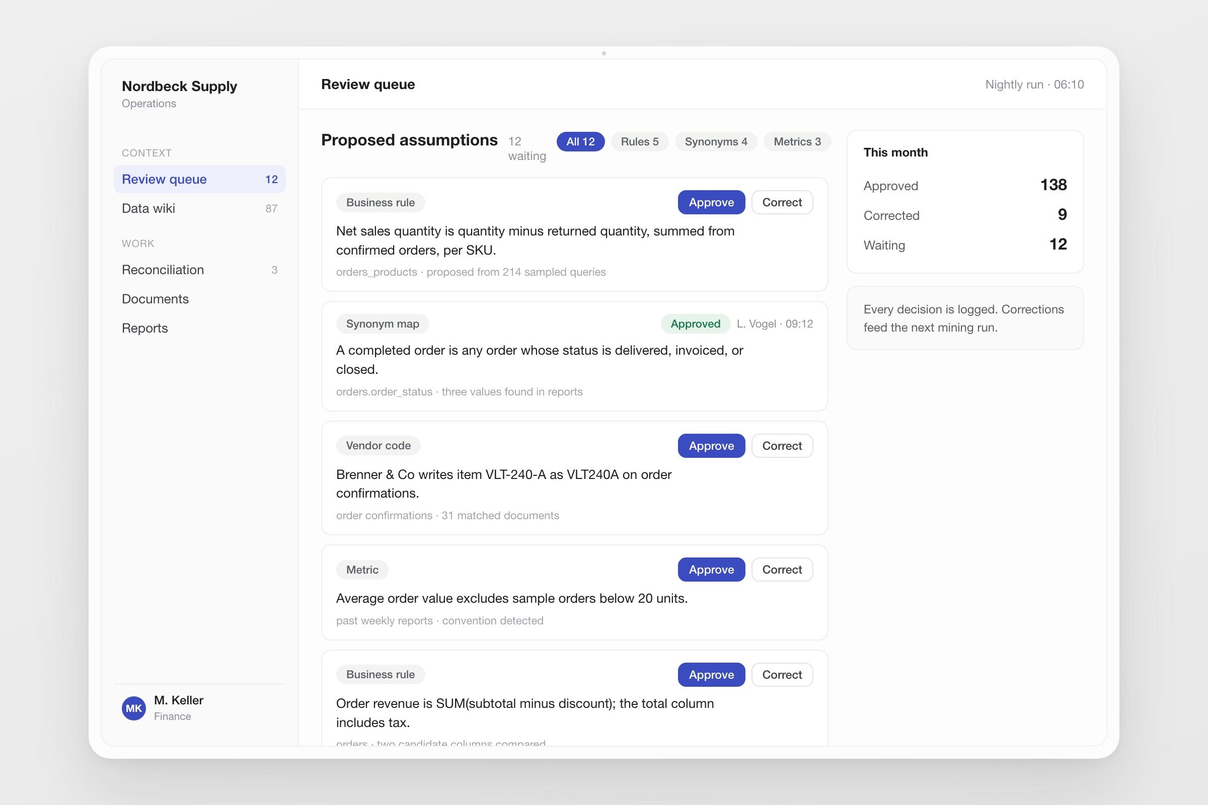 The review queue: proposed assumptions with approve and correct actions