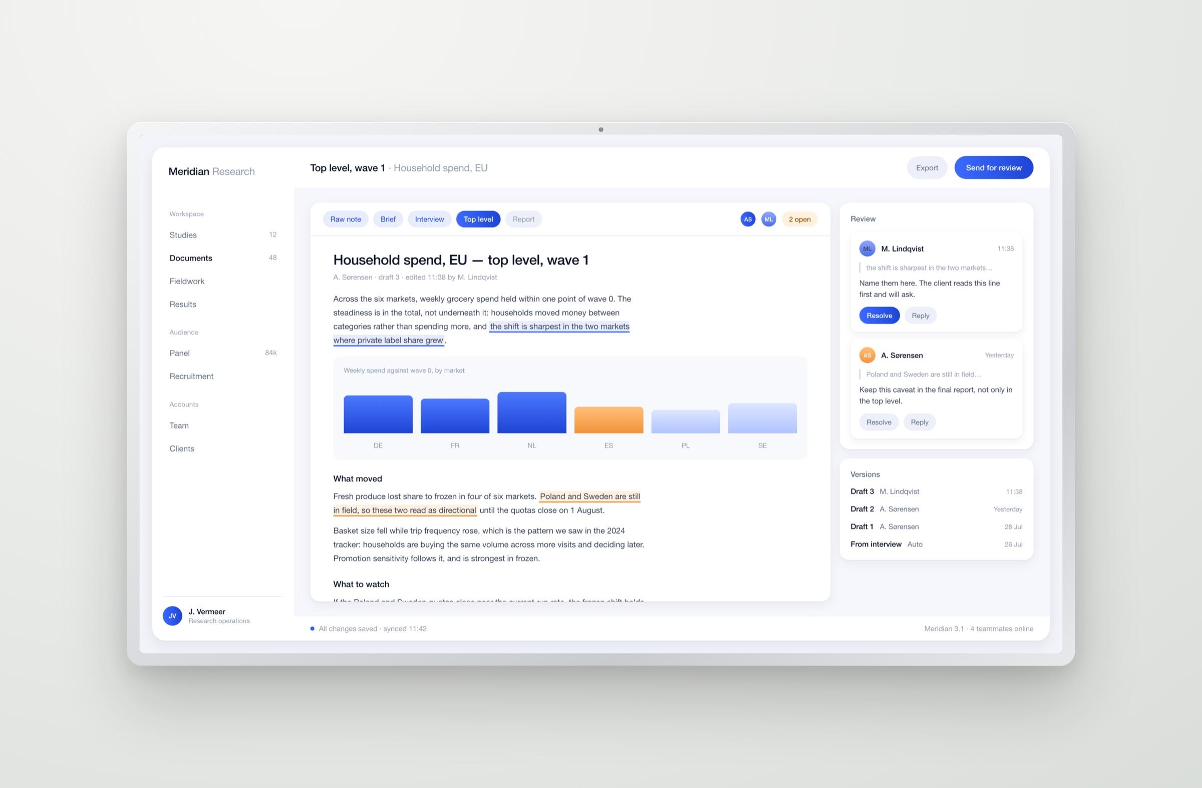 The document editor with review comments and version history