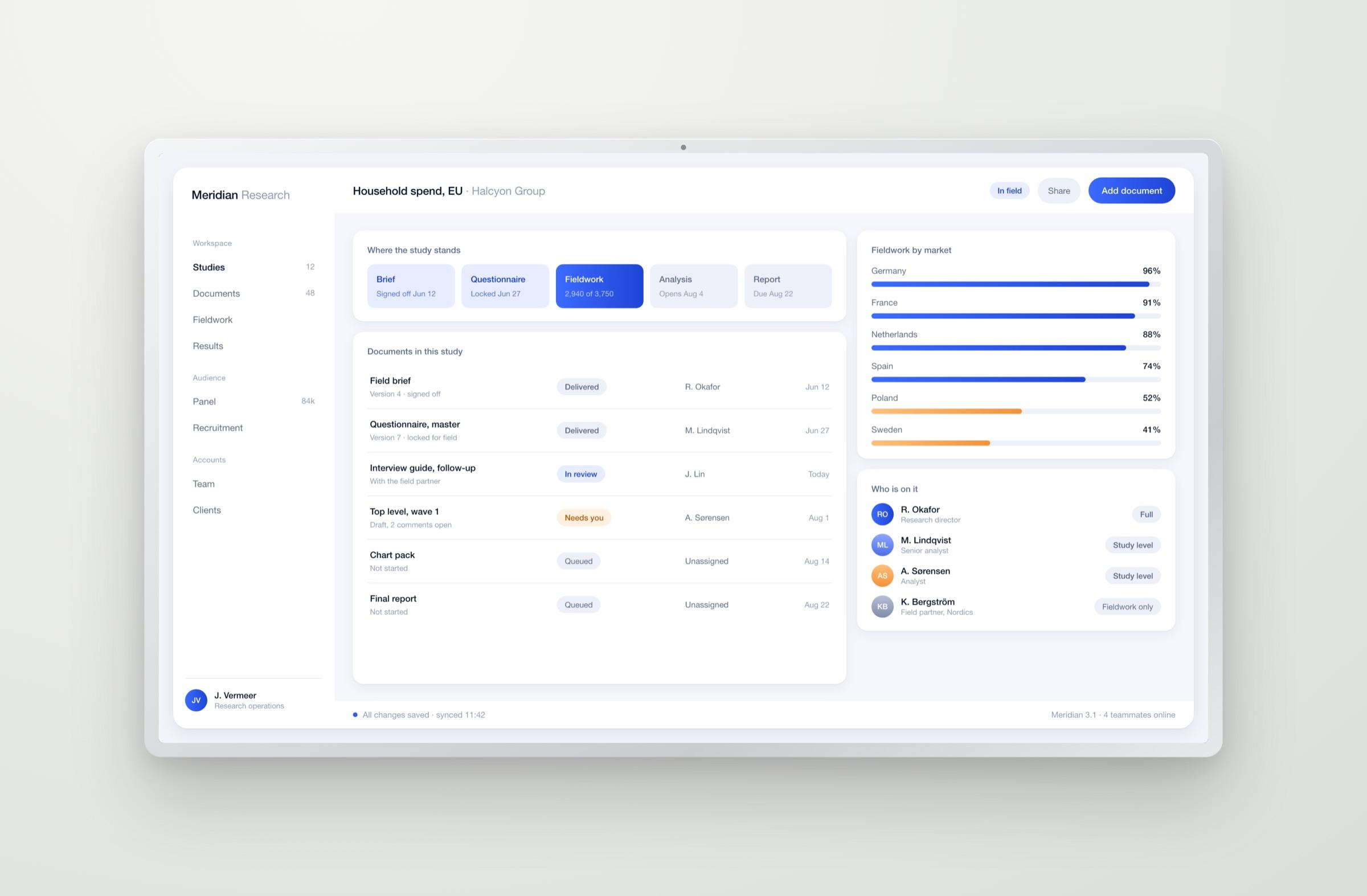 One study: its stage, its documents, its markets and its team