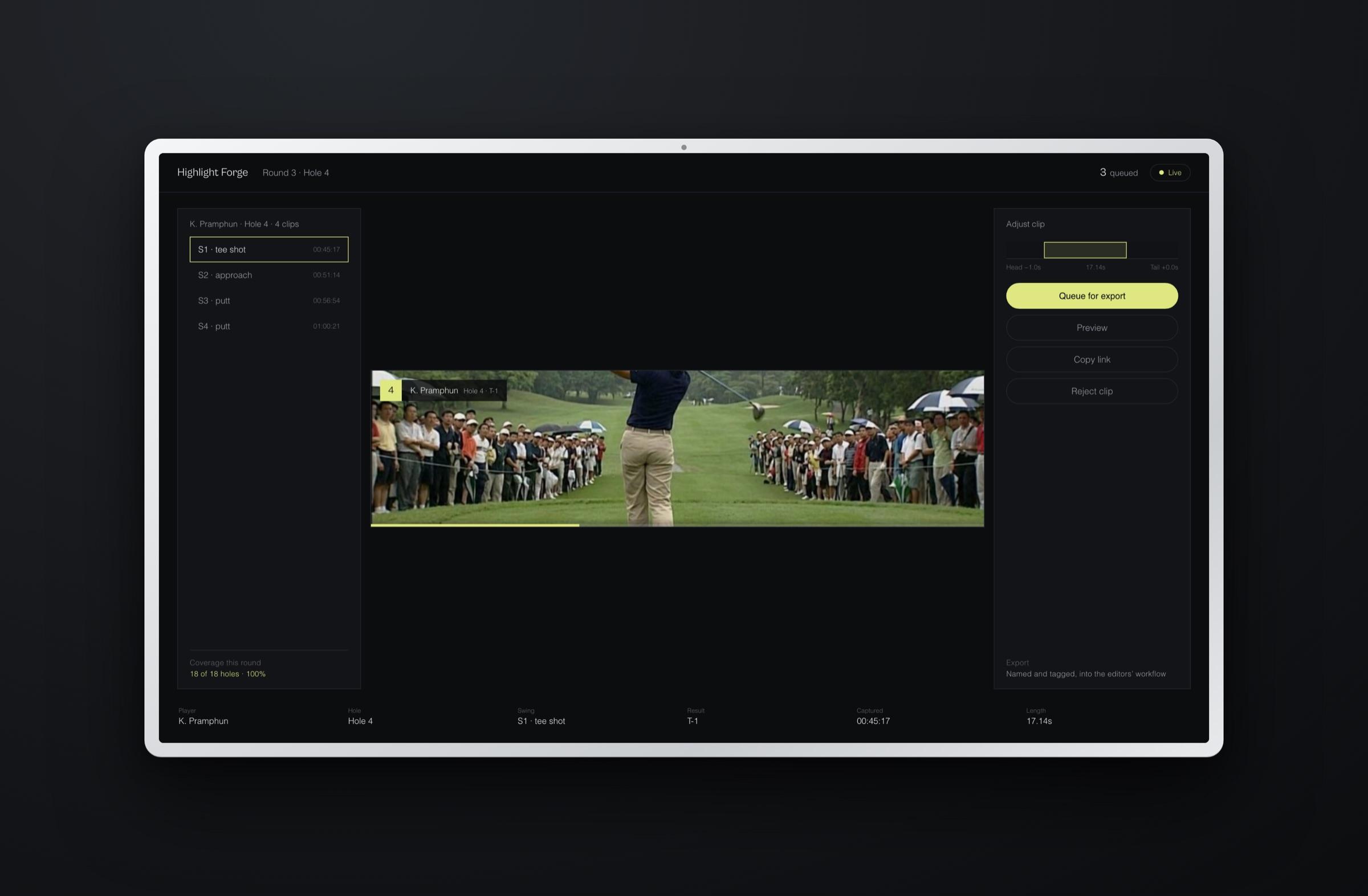 The clip editor with a cut moment and its metadata