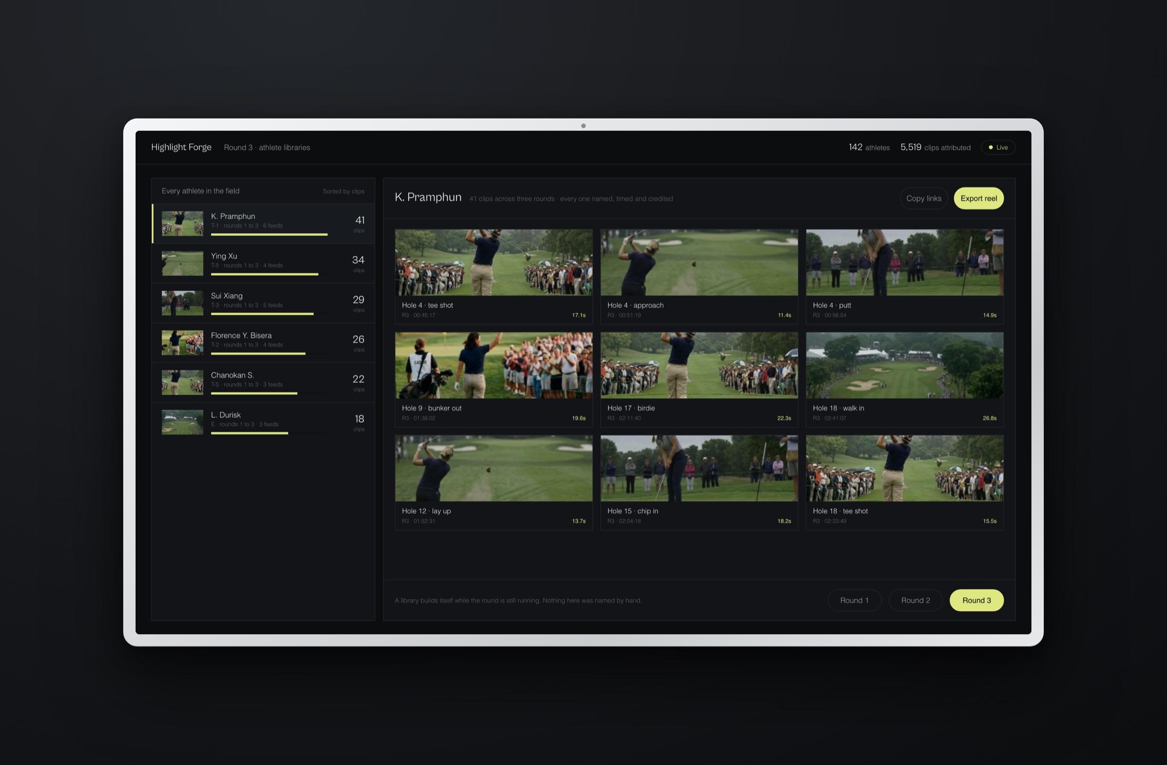 Per athlete clip libraries with a reel ready to export